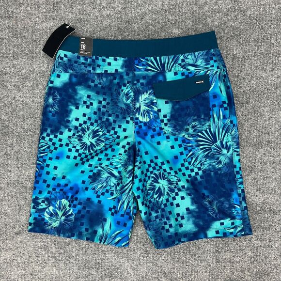 Hurley Board Shorts Boys 16 Blue Gaze Floral Print 9 Inch Inseam Swim Trunks - Picture 7 of 12